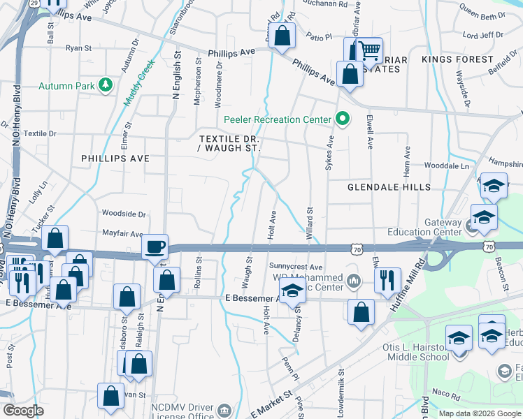 map of restaurants, bars, coffee shops, grocery stores, and more near in Greensboro