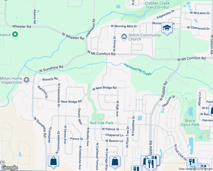 map of restaurants, bars, coffee shops, grocery stores, and more near 2024 North Bridgeport Drive in Fayetteville