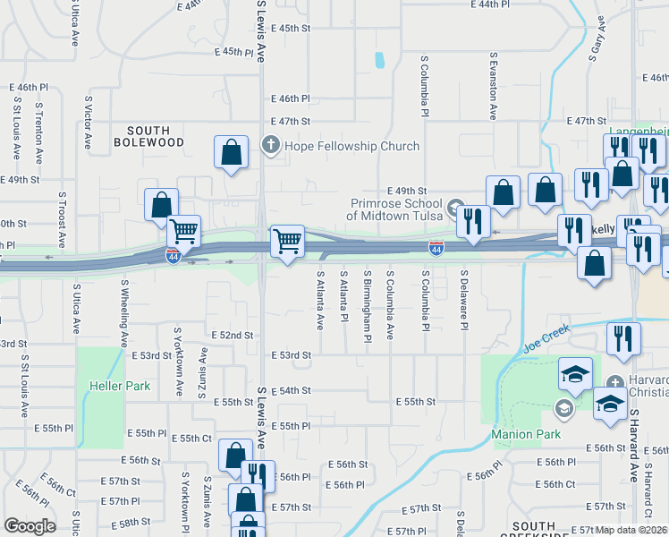 map of restaurants, bars, coffee shops, grocery stores, and more near 2431 East 51st Street in Tulsa