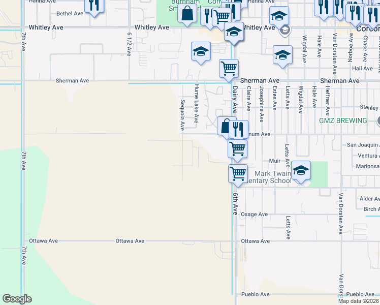map of restaurants, bars, coffee shops, grocery stores, and more near 2155 Bainum Avenue in Corcoran
