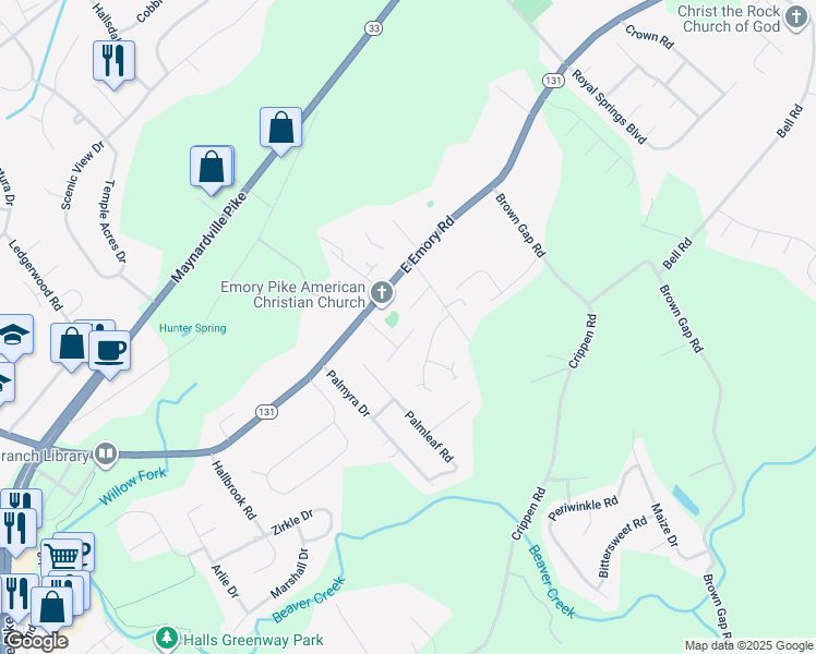 map of restaurants, bars, coffee shops, grocery stores, and more near 4917 Spring Garden Way in Knoxville