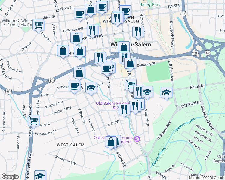 map of restaurants, bars, coffee shops, grocery stores, and more near 436 Factory Row in Winston-Salem
