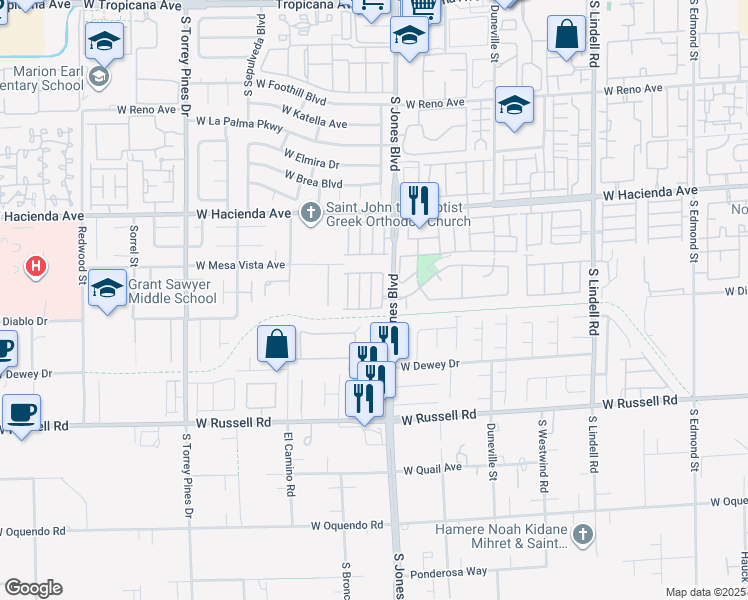 map of restaurants, bars, coffee shops, grocery stores, and more near 5473 South Jones Boulevard in Las Vegas