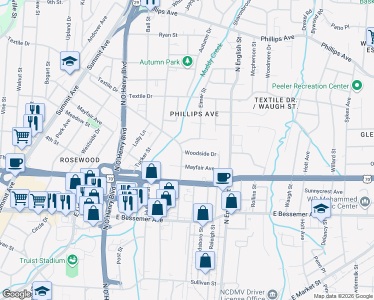 map of restaurants, bars, coffee shops, grocery stores, and more near 1910 Taylor Street in Greensboro
