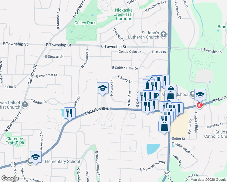 map of restaurants, bars, coffee shops, grocery stores, and more near 2113 North Kantz Lane in Fayetteville