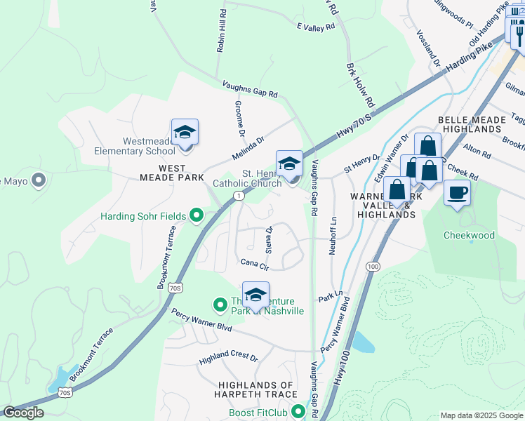 map of restaurants, bars, coffee shops, grocery stores, and more near 1000 Saint Luke Drive in Nashville