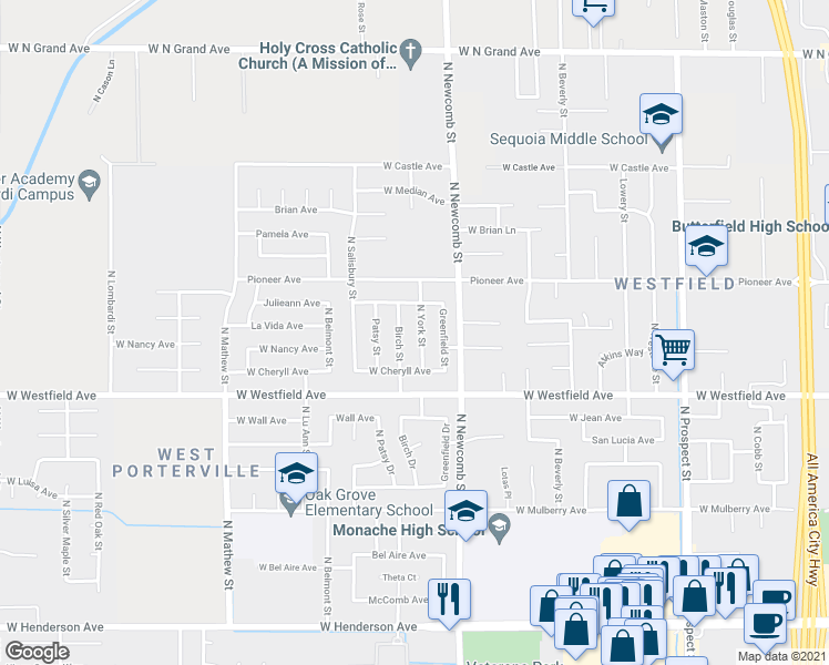 map of restaurants, bars, coffee shops, grocery stores, and more near 1293 North York Street in Porterville