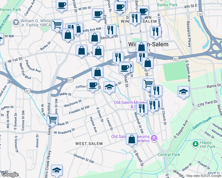 map of restaurants, bars, coffee shops, grocery stores, and more near 502 Wachovia Street in Winston Salem