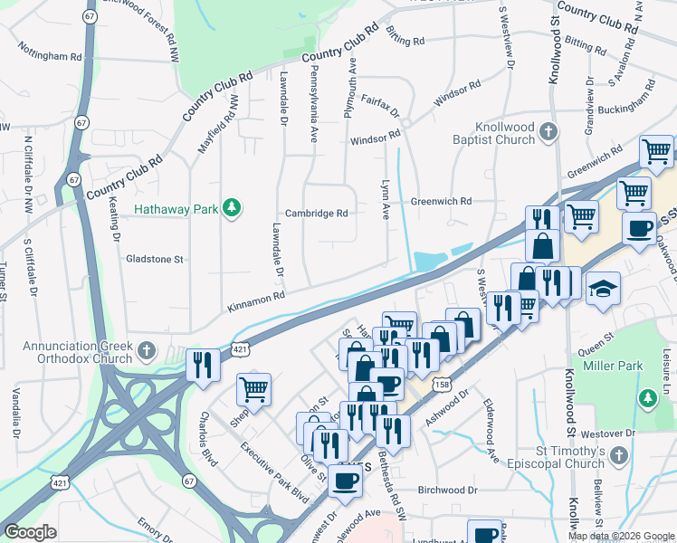 map of restaurants, bars, coffee shops, grocery stores, and more near 3021 Kinnamon Road in Winston-Salem
