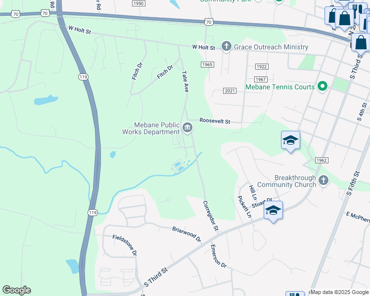 map of restaurants, bars, coffee shops, grocery stores, and more near 698 Corrigidor Street in Mebane