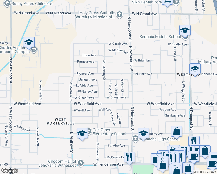 map of restaurants, bars, coffee shops, grocery stores, and more near 1327 Patsy Street in Porterville