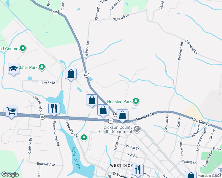 map of restaurants, bars, coffee shops, grocery stores, and more near 530 Country Club Drive in Dickson