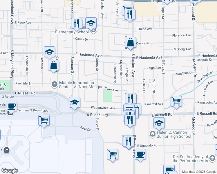 map of restaurants, bars, coffee shops, grocery stores, and more near 2166 Roan Avenue in Las Vegas