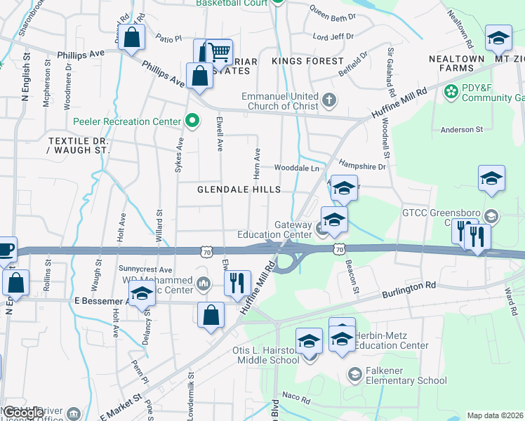 map of restaurants, bars, coffee shops, grocery stores, and more near 927 Foushee Street in Greensboro