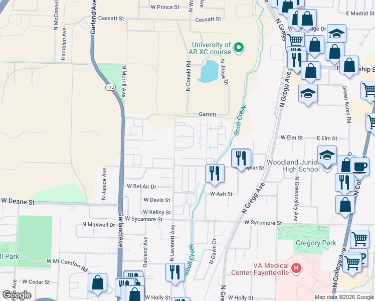 map of restaurants, bars, coffee shops, grocery stores, and more near 2074 North Leverett Avenue in Fayetteville