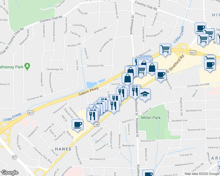 map of restaurants, bars, coffee shops, grocery stores, and more near 509 South Westview Drive in Winston-Salem