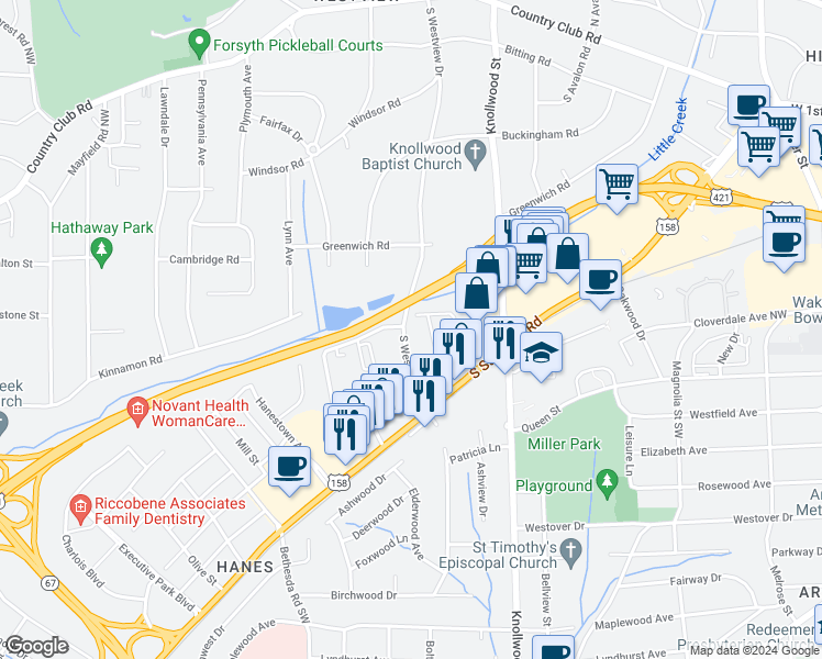 map of restaurants, bars, coffee shops, grocery stores, and more near 509 South Westview Drive in Winston-Salem