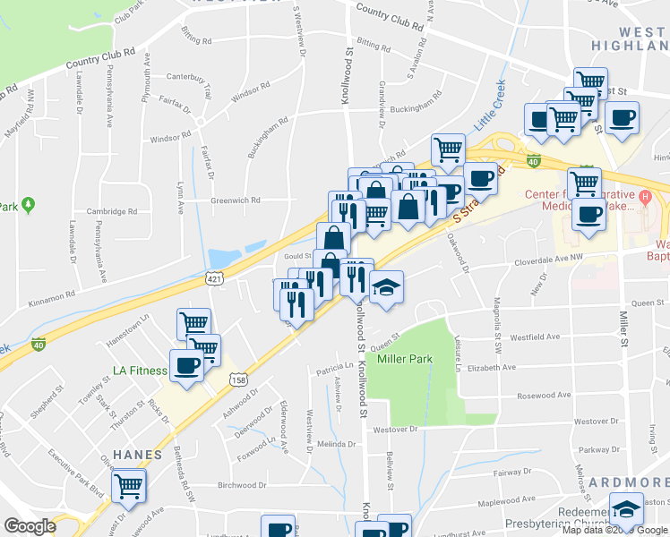 map of restaurants, bars, coffee shops, grocery stores, and more near 514 South Stratford Road in Winston-Salem