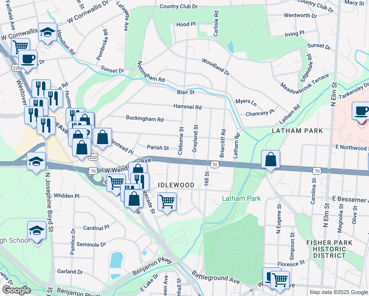 map of restaurants, bars, coffee shops, grocery stores, and more near 1116 Cleburne Street in Greensboro