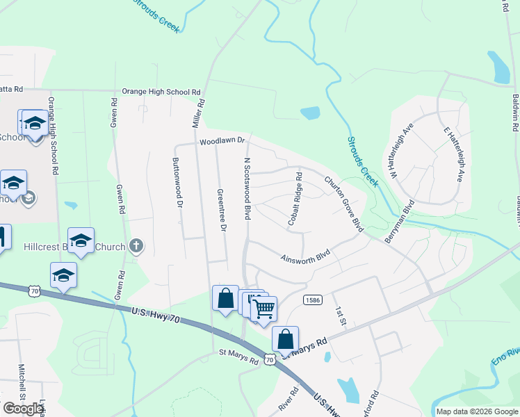 map of restaurants, bars, coffee shops, grocery stores, and more near 1406 Starmont Drive in Hillsborough