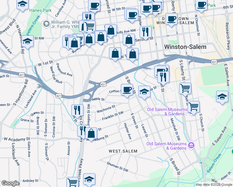 map of restaurants, bars, coffee shops, grocery stores, and more near 951 Cotton Street Southwest in Winston-Salem