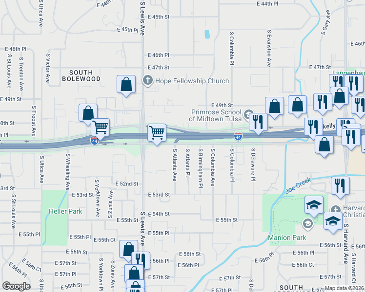 map of restaurants, bars, coffee shops, grocery stores, and more near 2431 East 51st Street in Tulsa