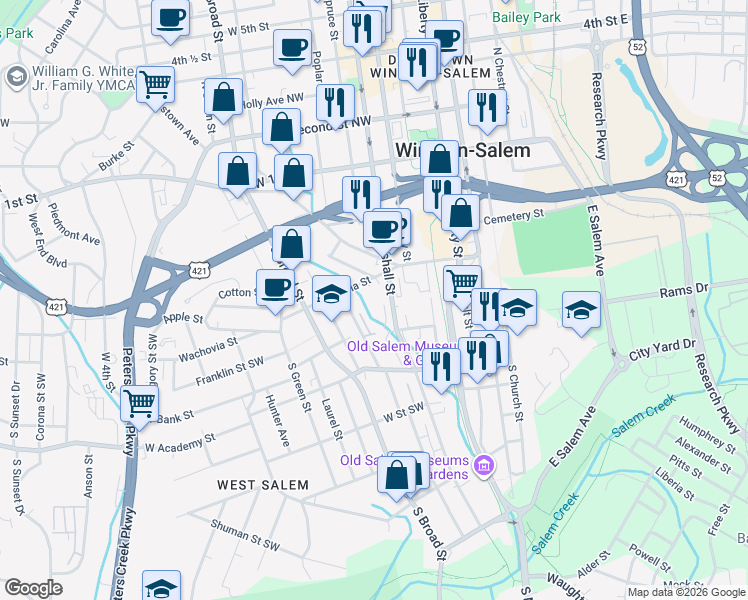 map of restaurants, bars, coffee shops, grocery stores, and more near 155 Tar Branch Court in Winston-Salem
