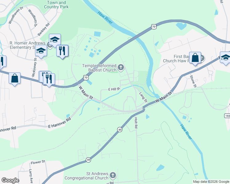 map of restaurants, bars, coffee shops, grocery stores, and more near 136 East Hill Street in Haw River