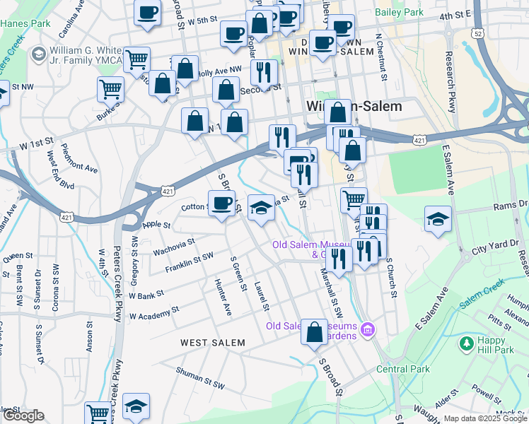 map of restaurants, bars, coffee shops, grocery stores, and more near 502 Wachovia Street in Winston Salem