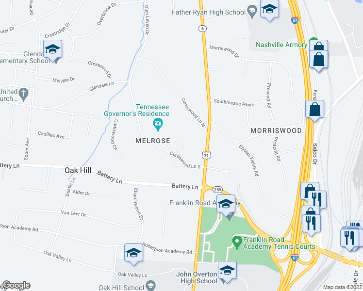 map of restaurants, bars, coffee shops, grocery stores, and more near 894 Curtiswood Lane South in Nashville