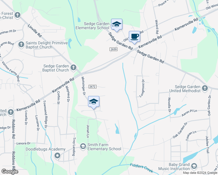map of restaurants, bars, coffee shops, grocery stores, and more near 140 Oak Grove Church Road in Winston-Salem