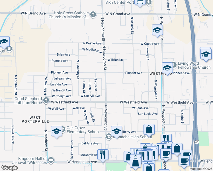 map of restaurants, bars, coffee shops, grocery stores, and more near 1551 La Vida Court in Porterville