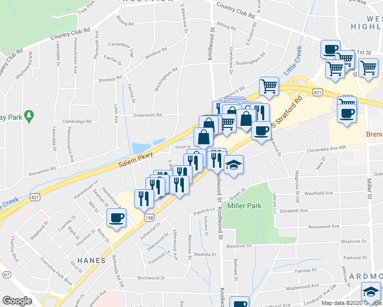 map of restaurants, bars, coffee shops, grocery stores, and more near 508 Lester Lane in Winston-Salem