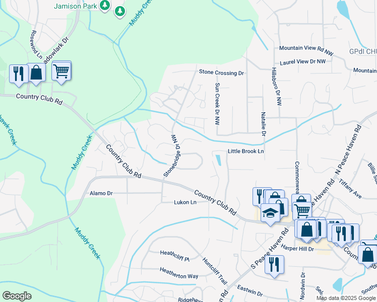 map of restaurants, bars, coffee shops, grocery stores, and more near 320 Lamplighter Circle in Winston-Salem