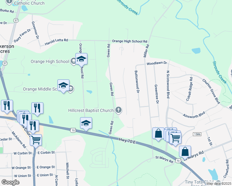 map of restaurants, bars, coffee shops, grocery stores, and more near 315 Gwen Road in Hillsborough