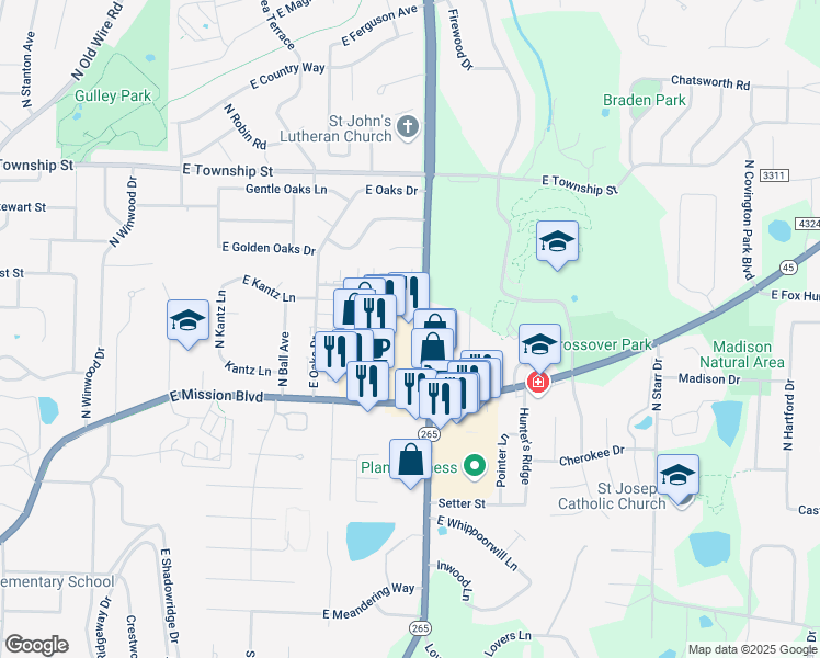 map of restaurants, bars, coffee shops, grocery stores, and more near 2091 North Crossover Road in Fayetteville