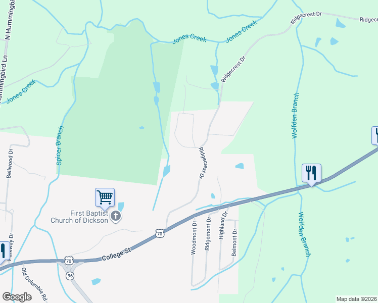 map of restaurants, bars, coffee shops, grocery stores, and more near 2001 Ridgecrest Circle in Dickson