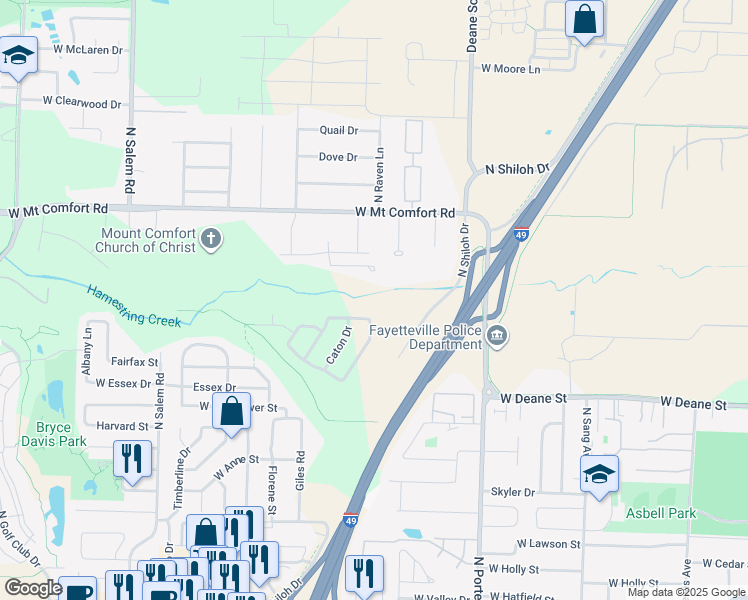 map of restaurants, bars, coffee shops, grocery stores, and more near 2730 Wildwood Drive in Fayetteville