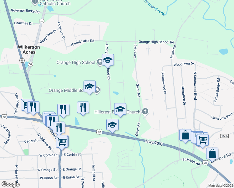 map of restaurants, bars, coffee shops, grocery stores, and more near 307 Orange High School Road in Hillsborough