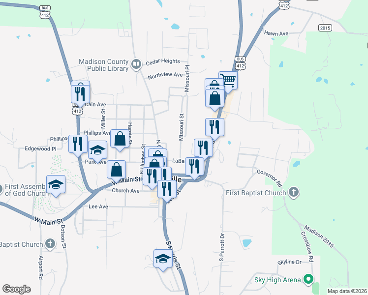 map of restaurants, bars, coffee shops, grocery stores, and more near 403 Missouri Place in Huntsville