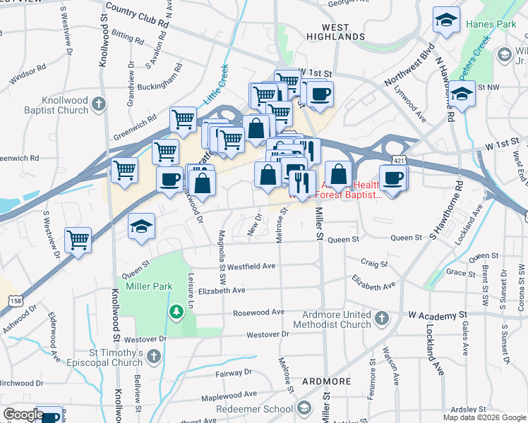 map of restaurants, bars, coffee shops, grocery stores, and more near 2326 Cloverdale Avenue Northwest in Winston-Salem