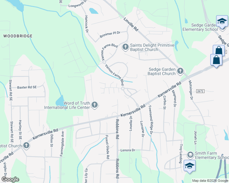 map of restaurants, bars, coffee shops, grocery stores, and more near 1407 Wakefield Farm Lane in Kernersville
