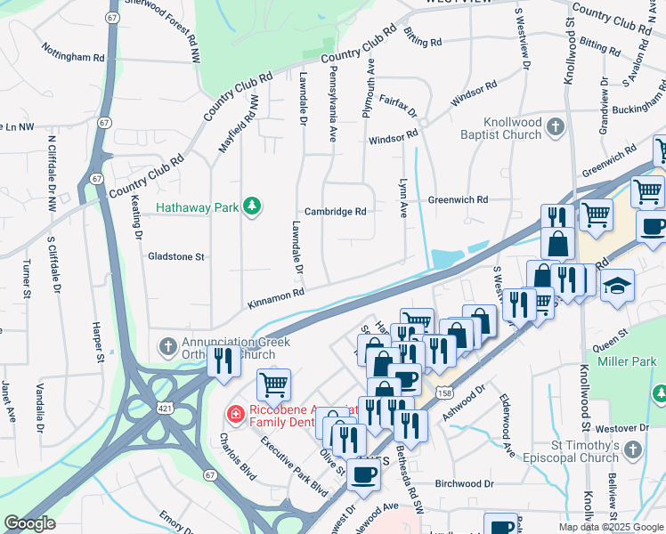 map of restaurants, bars, coffee shops, grocery stores, and more near 471 Pennsylvania Avenue in Winston-Salem