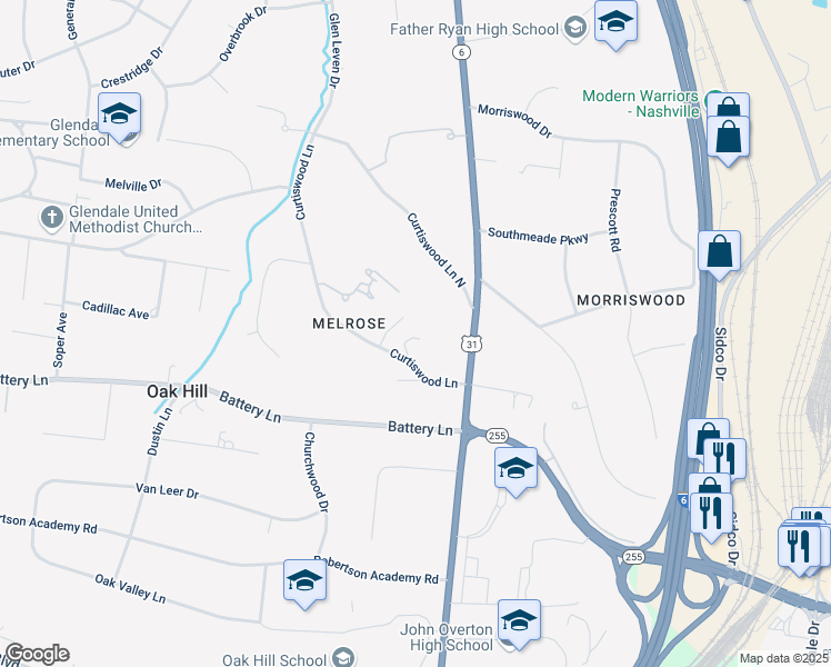 map of restaurants, bars, coffee shops, grocery stores, and more near 894 Curtiswood Lane South in Nashville