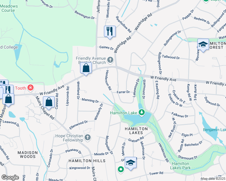 map of restaurants, bars, coffee shops, grocery stores, and more near 4200 Henderson Road in Greensboro
