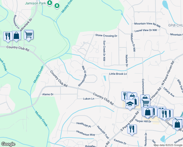map of restaurants, bars, coffee shops, grocery stores, and more near 314 Lamplighter Circle in Winston-Salem