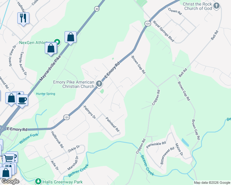 map of restaurants, bars, coffee shops, grocery stores, and more near 7416 Thomas Lane in Knoxville