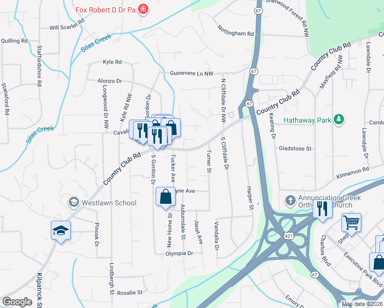map of restaurants, bars, coffee shops, grocery stores, and more near 3812 Country Club Road in Winston-Salem