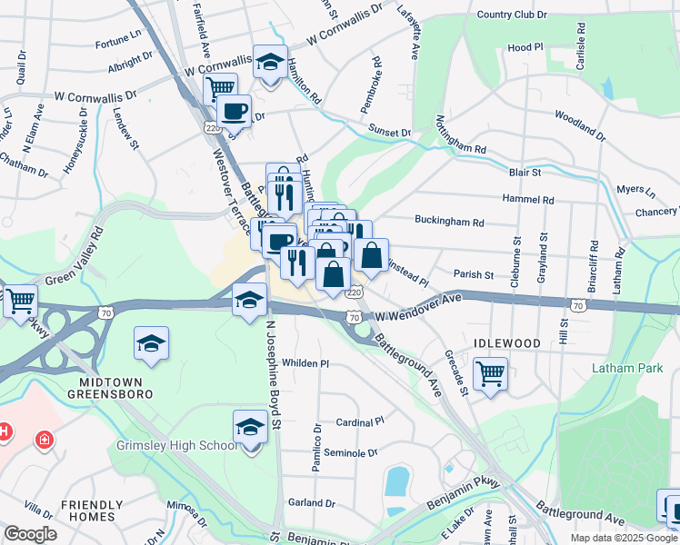 map of restaurants, bars, coffee shops, grocery stores, and more near in Greensboro