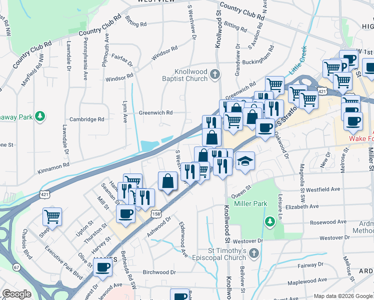map of restaurants, bars, coffee shops, grocery stores, and more near 2614 Gould Street in Winston-Salem
